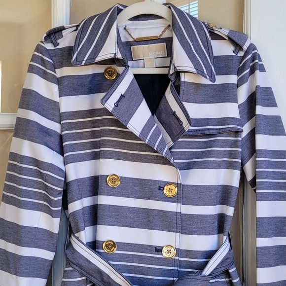 Michael Kors Stripes Double Breasted Women Trench Coat Size Medium - Picture 2 of 13
